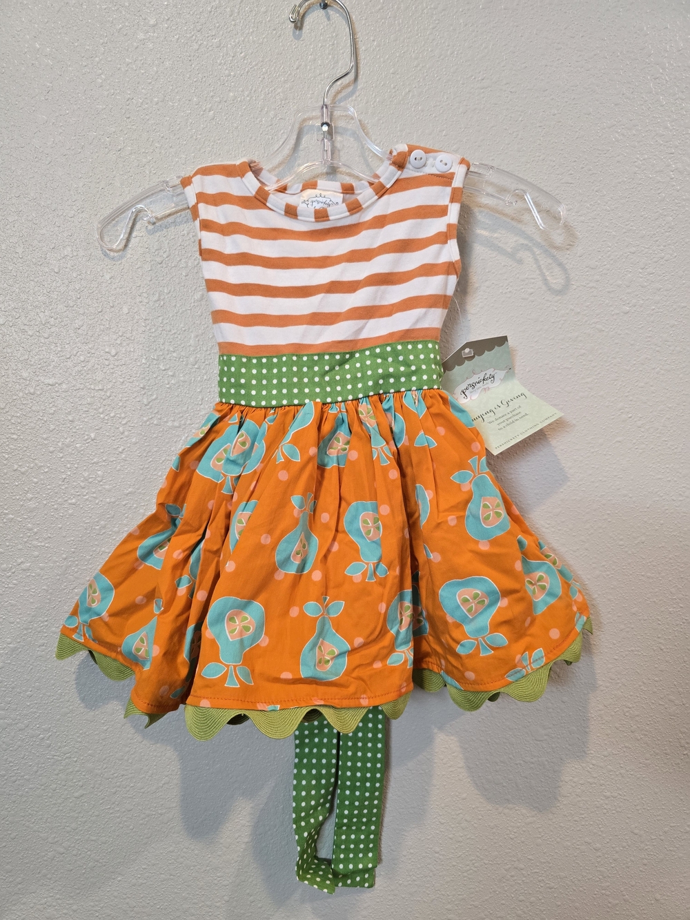 Persnickety Orange, White & Green Pear-Print Girls' Dress with Leggings